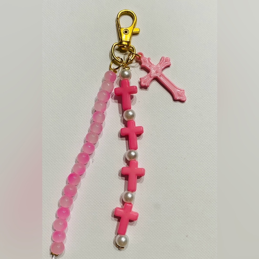 Pink Cross Beaded Bag Charm
